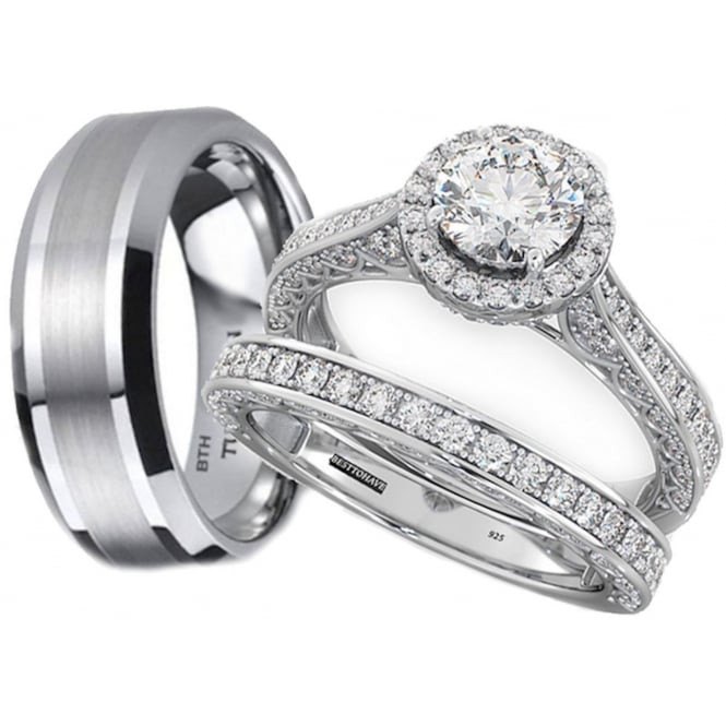 Wedding Rings His And Hers Sets
 His and Hers Tungsten 925 Sterling Silver Wedding