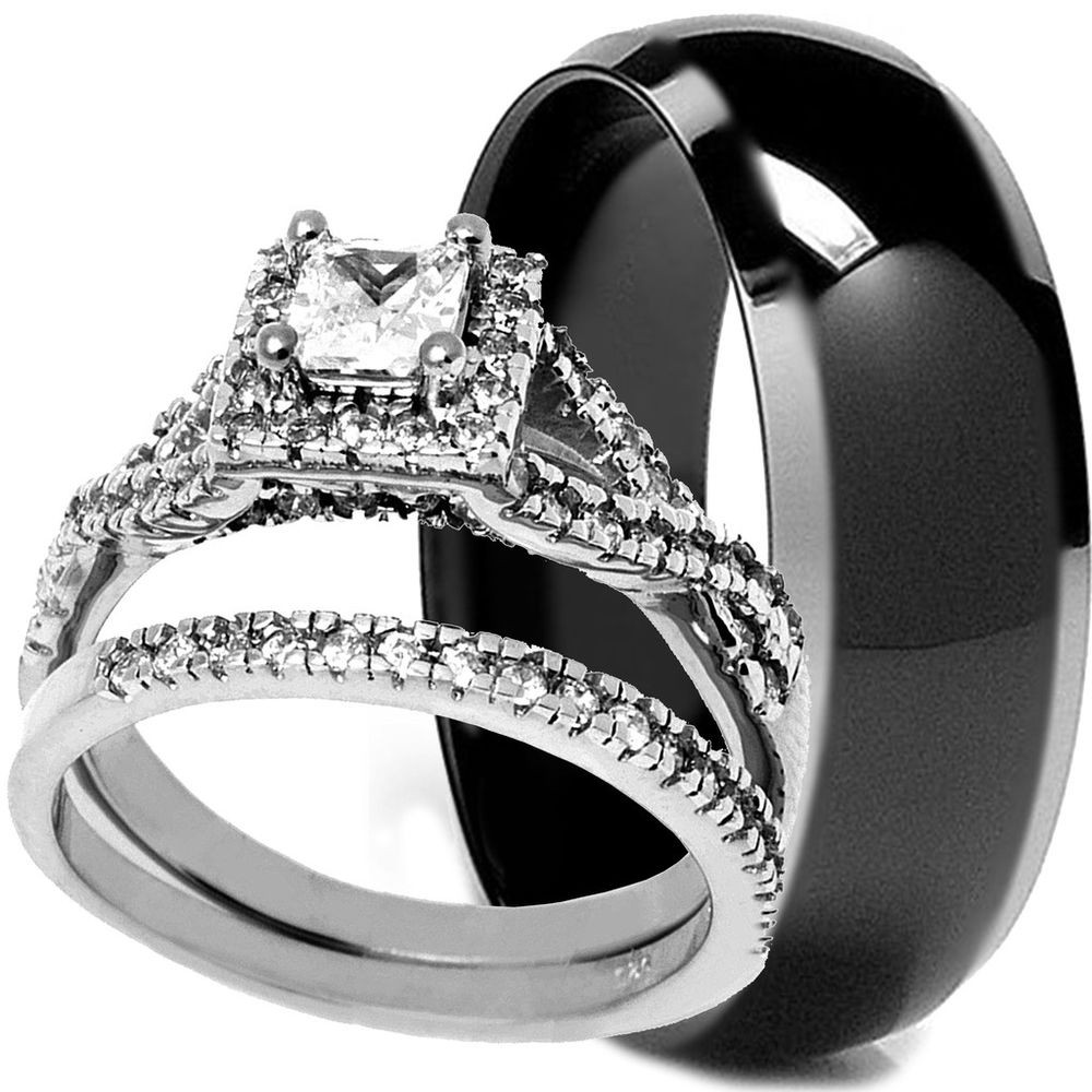 Wedding Rings His And Hers Sets
 His & Hers 3 PCS SOLID TITANIUM AND 925 STERLING SILVER