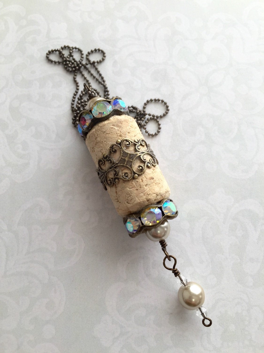 Wine Cork Necklace
 Wine cork necklace filigree embellished wine cork necklace