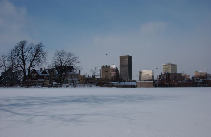 Winter Activities Rochester Ny
 Rochester NY Skyline as seen over the snow covered lawn of