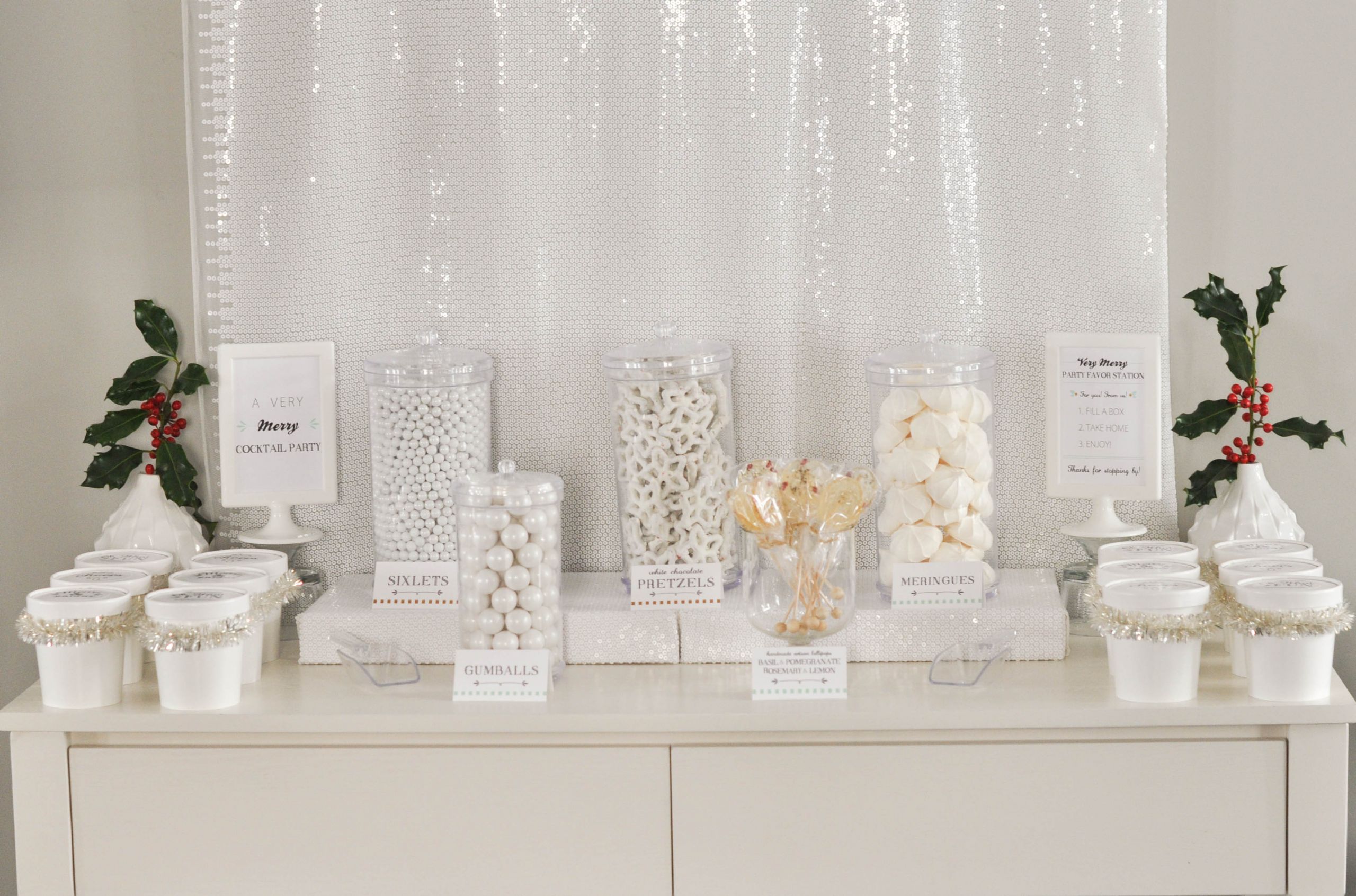 Winter White Party
 Our Very Merry Cocktail Party candy favor station