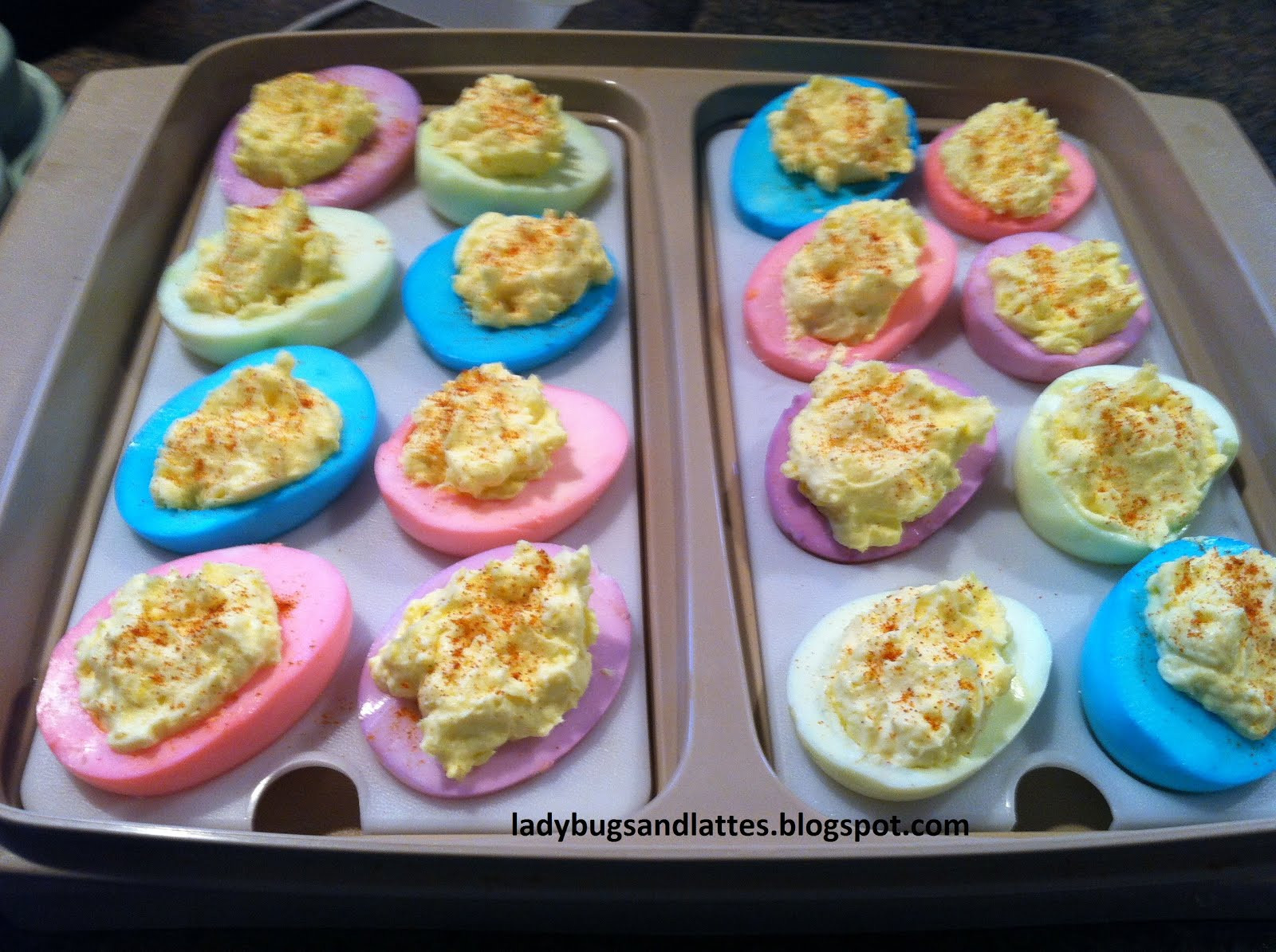 Easter Dyed Deviled Eggs
 Ladybugs and Lattes Colored Deviled Eggs