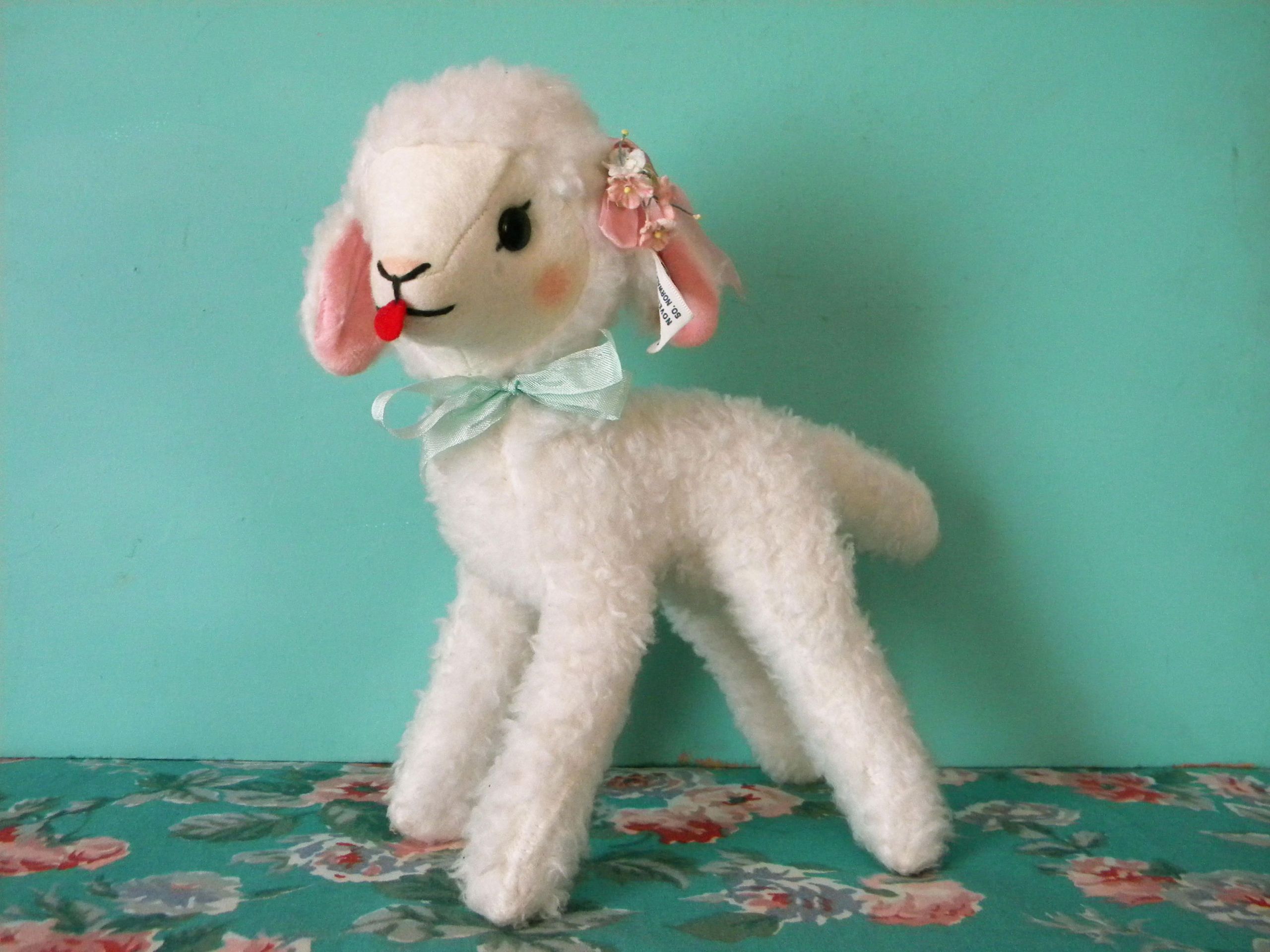 Easter Lamb Stuffed Animal
 Vintage Easter Lamb Stuffed Plush Toy with Rosy Cheeks and
